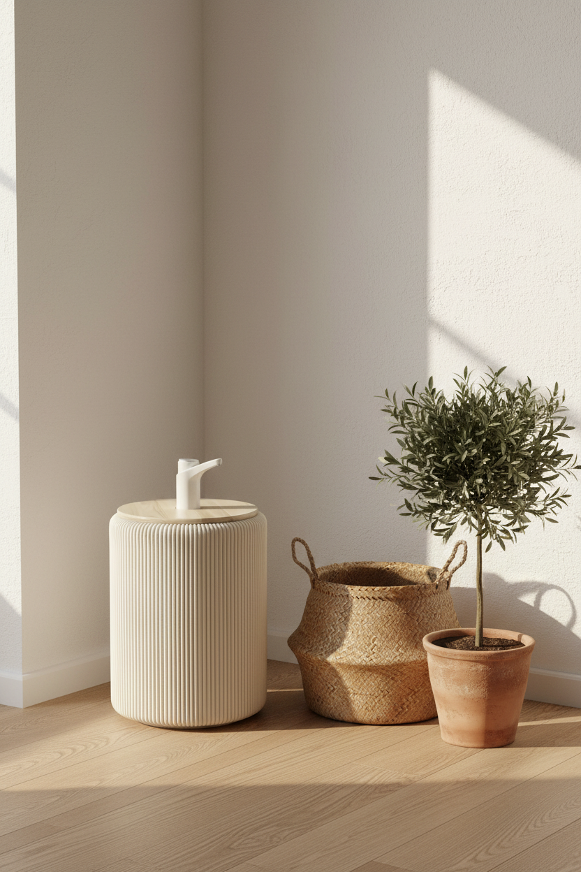 Rincón de un departamento con el mueble Camu Beige y un olivo