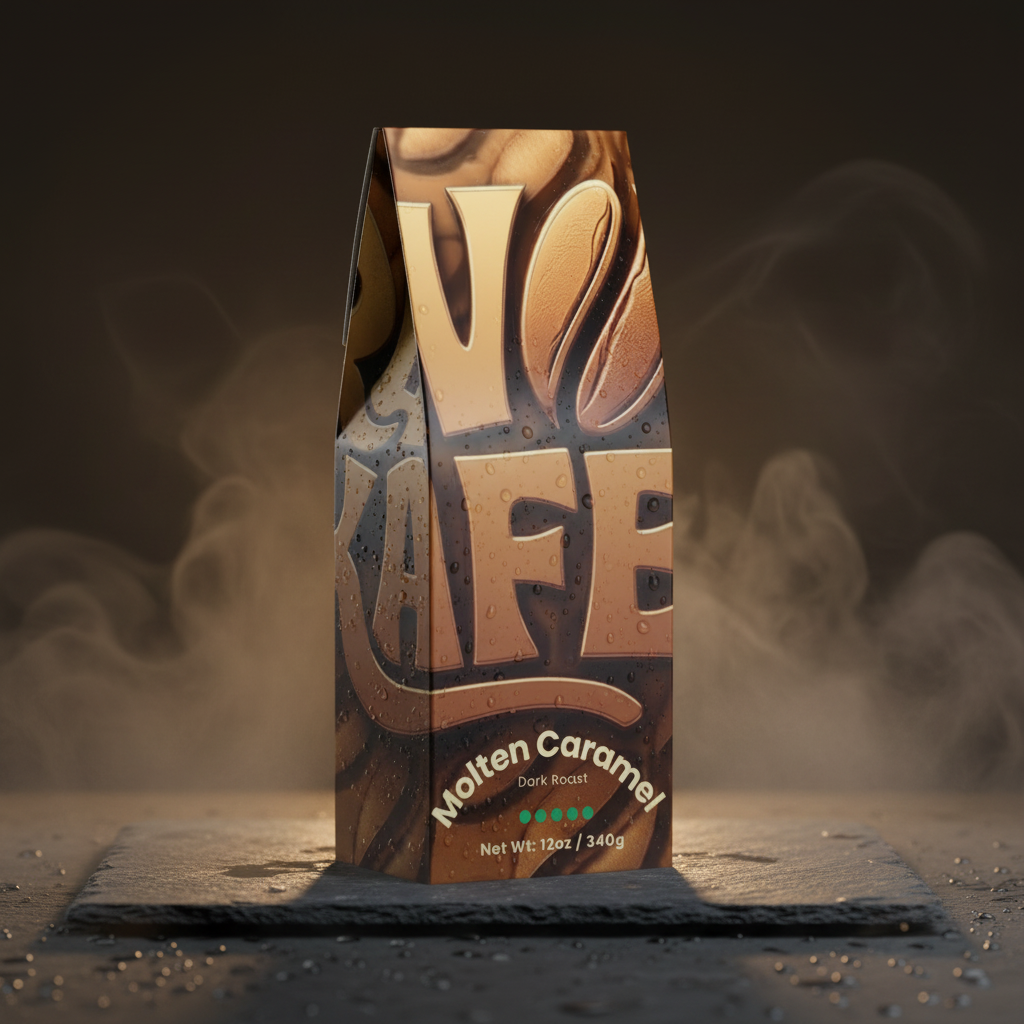 Molten Caramel box lit by a warm accent light in a misty studio