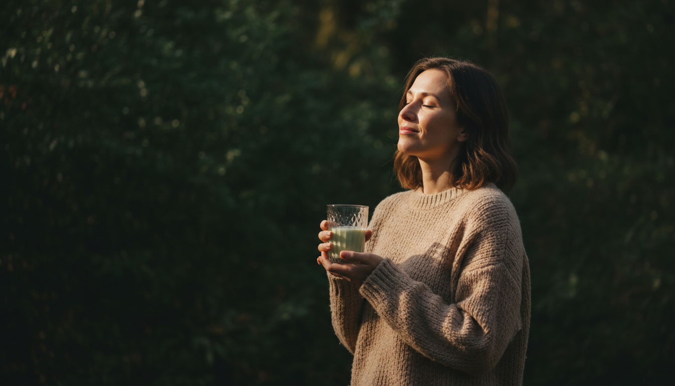 Vrouw met een glas Total Essentials in het ochtendlicht