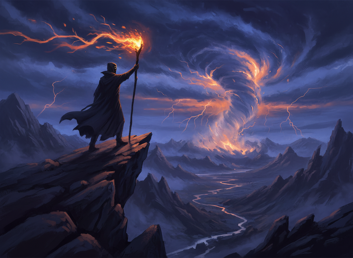 Painted fantasy scene of a sorcerer raising a glowing staff
