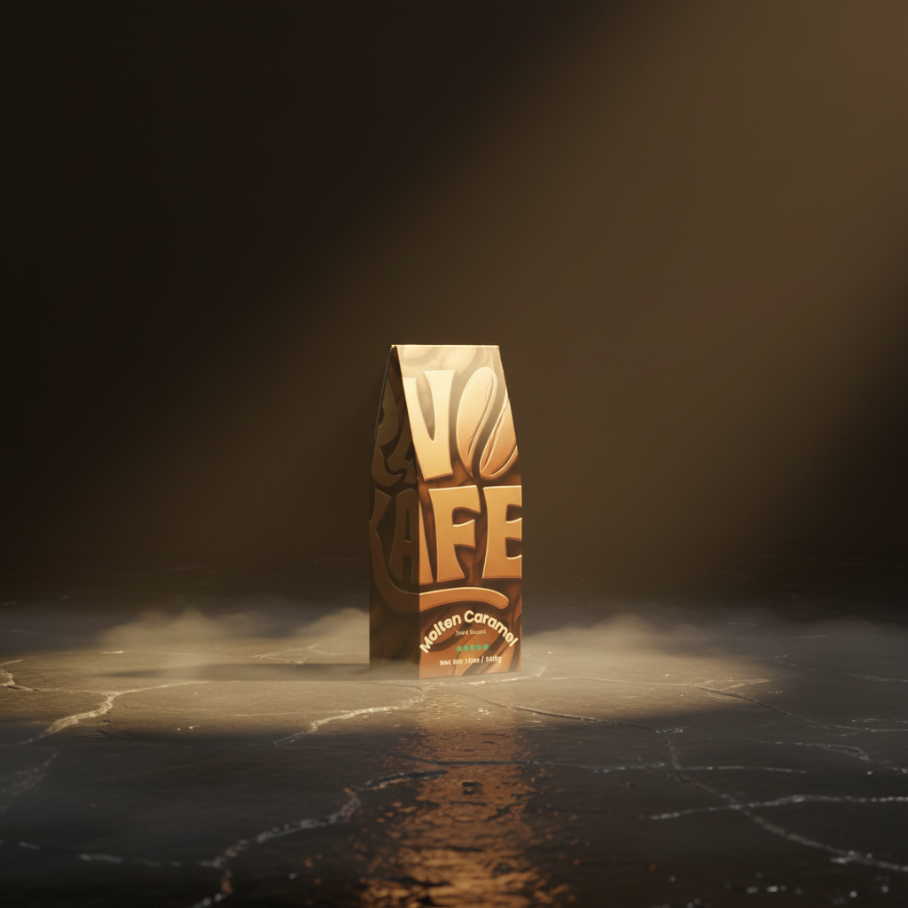 Molten Caramel box surrounded by low fog under a single beam of light