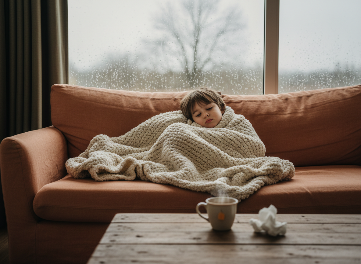 Tired preschool child resting under a blanket on a rainy autumn day