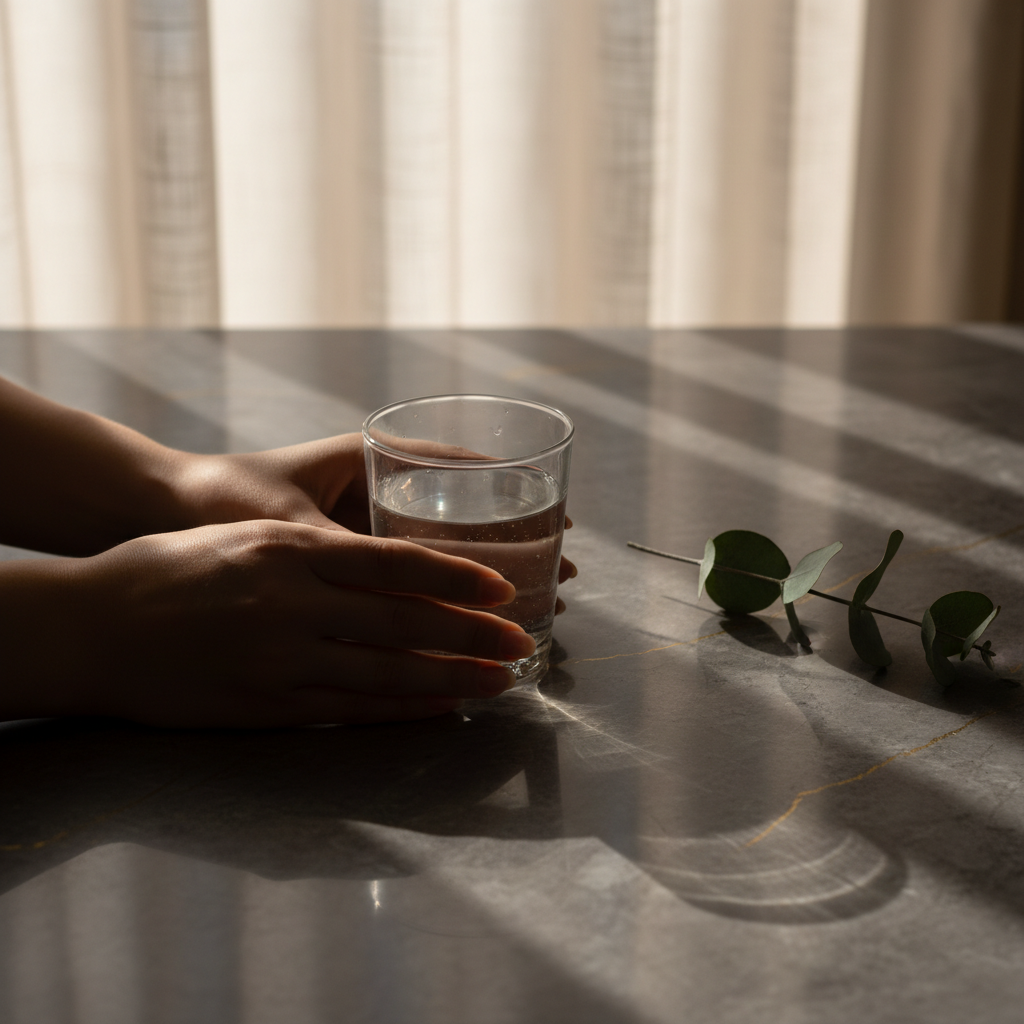 Morning ritual with a glass of water on dark marble in golden light