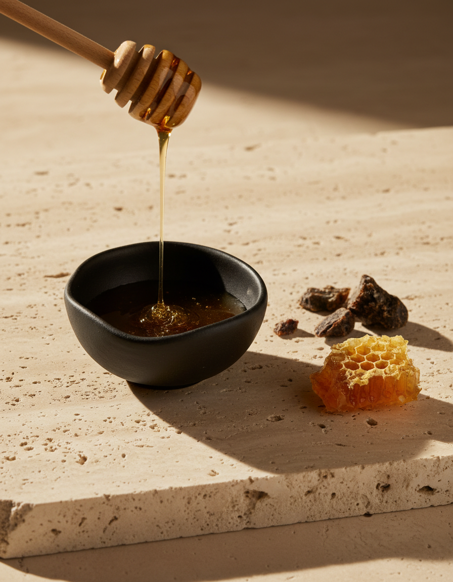 Honey drizzling from a wooden dipper into a black ceramic bowl beside pieces of shilajit resin