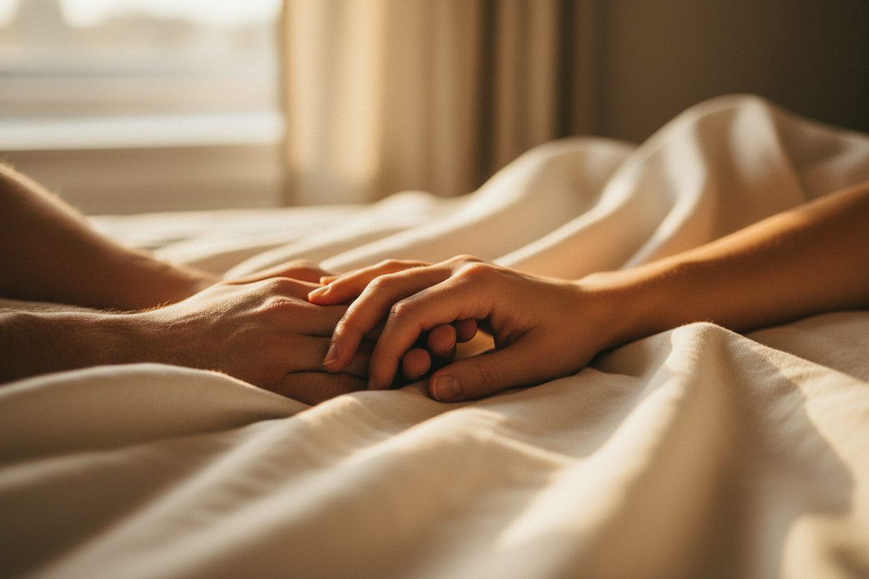 Two hands loosely intertwined on cream linen sheets in warm morning light