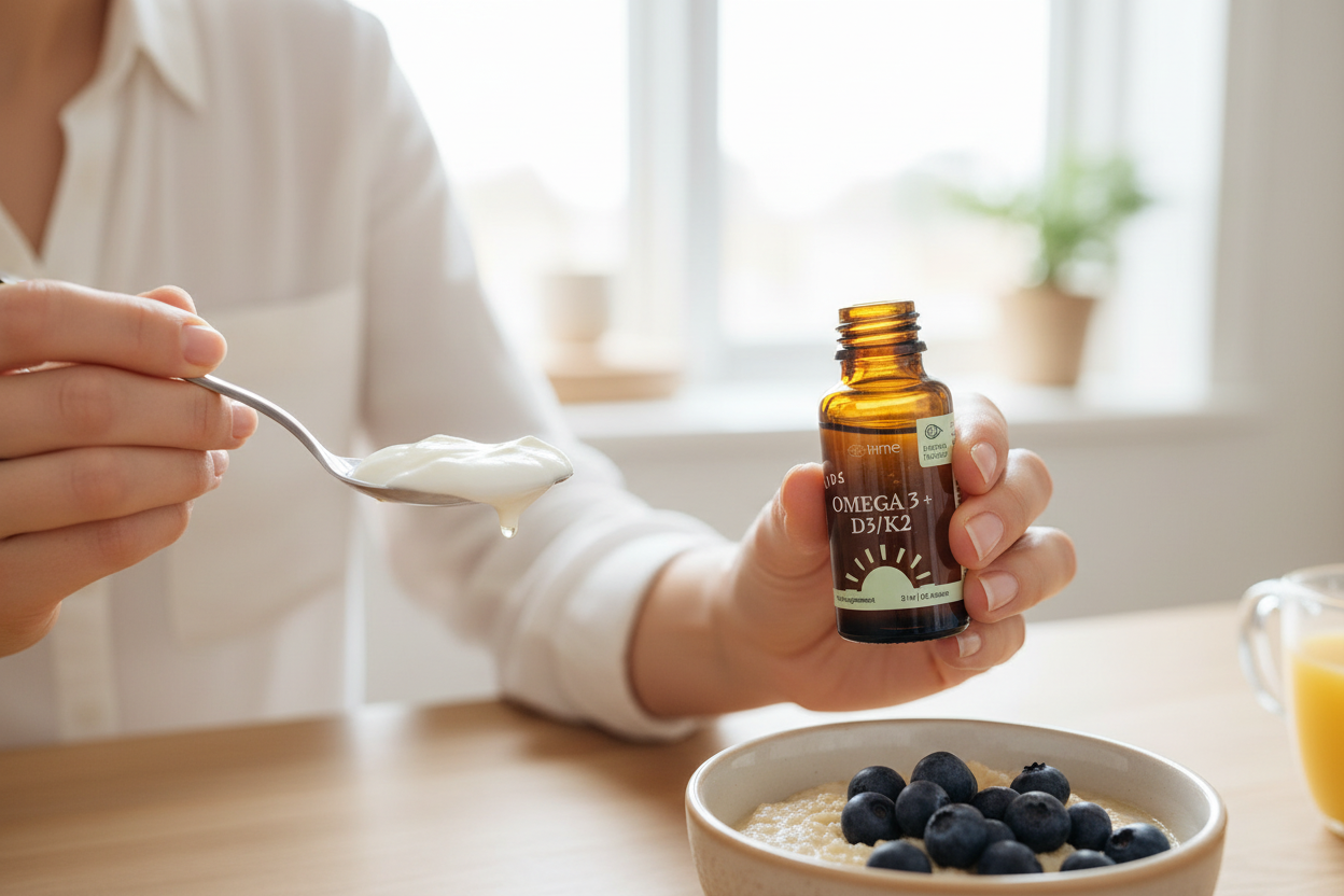 Mother adding oil drops onto a spoon of yogurt at the breakfast table