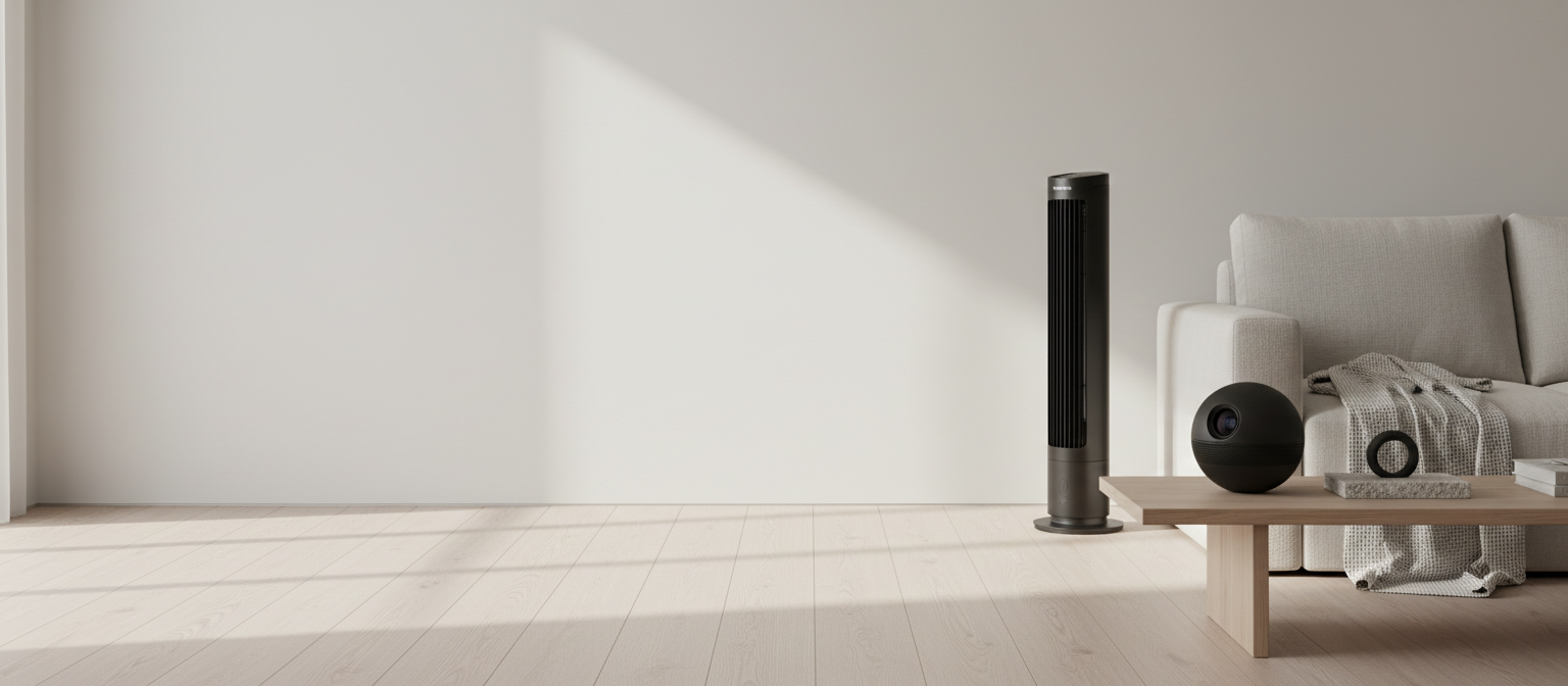 Sunlit minimal living room with a portable projector, smart ring and circulator fan on a wooden console