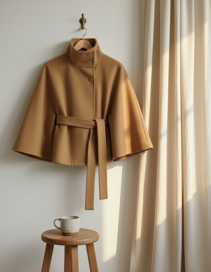 Kort ullcape hengt på en messingkrok ved en lin gardin i et lyst, minimalistisk rom