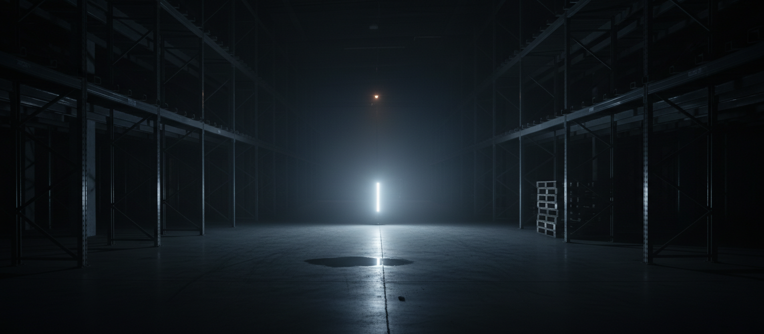Dim, near-empty warehouse aisle lit by a single shaft of light