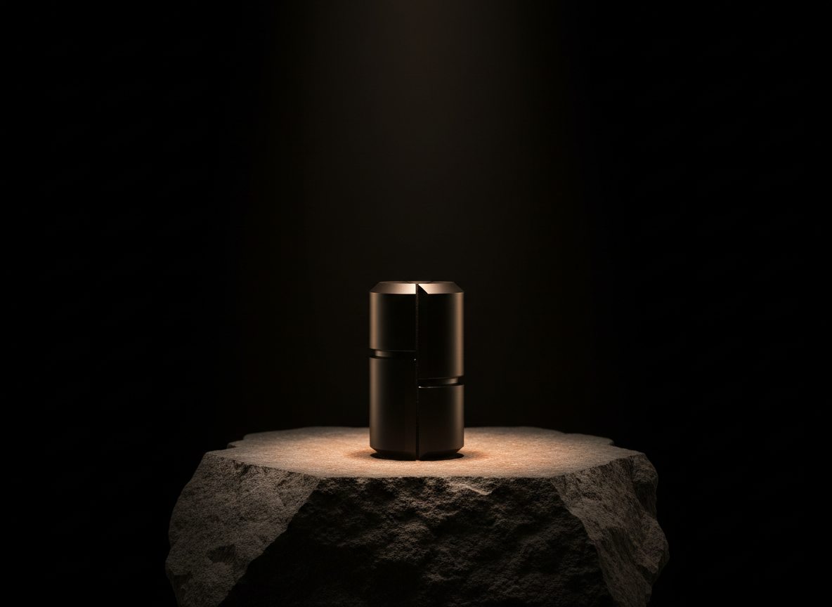A single matte black tool centered on a stone pedestal under a focused spotlight