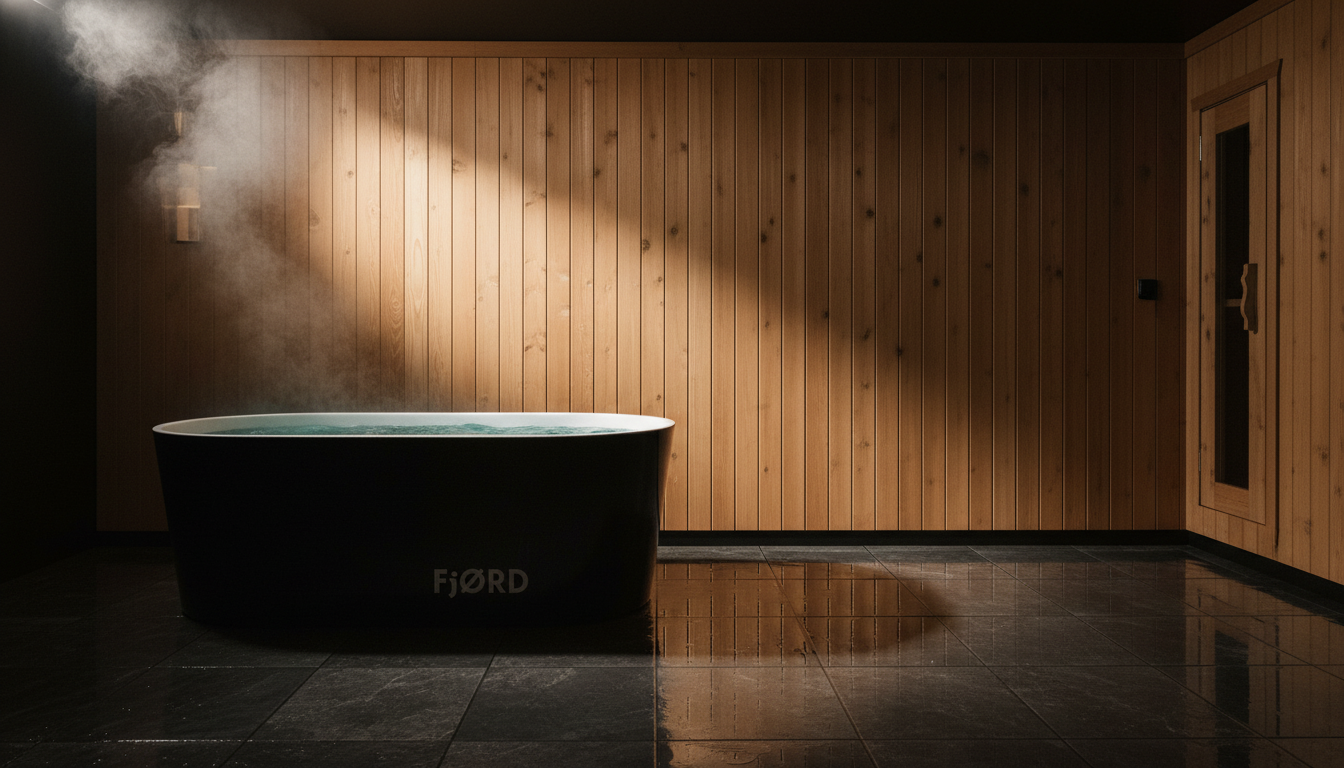 FjØRD Lux cold plunge installed beside a cedar sauna in a hotel wellness room