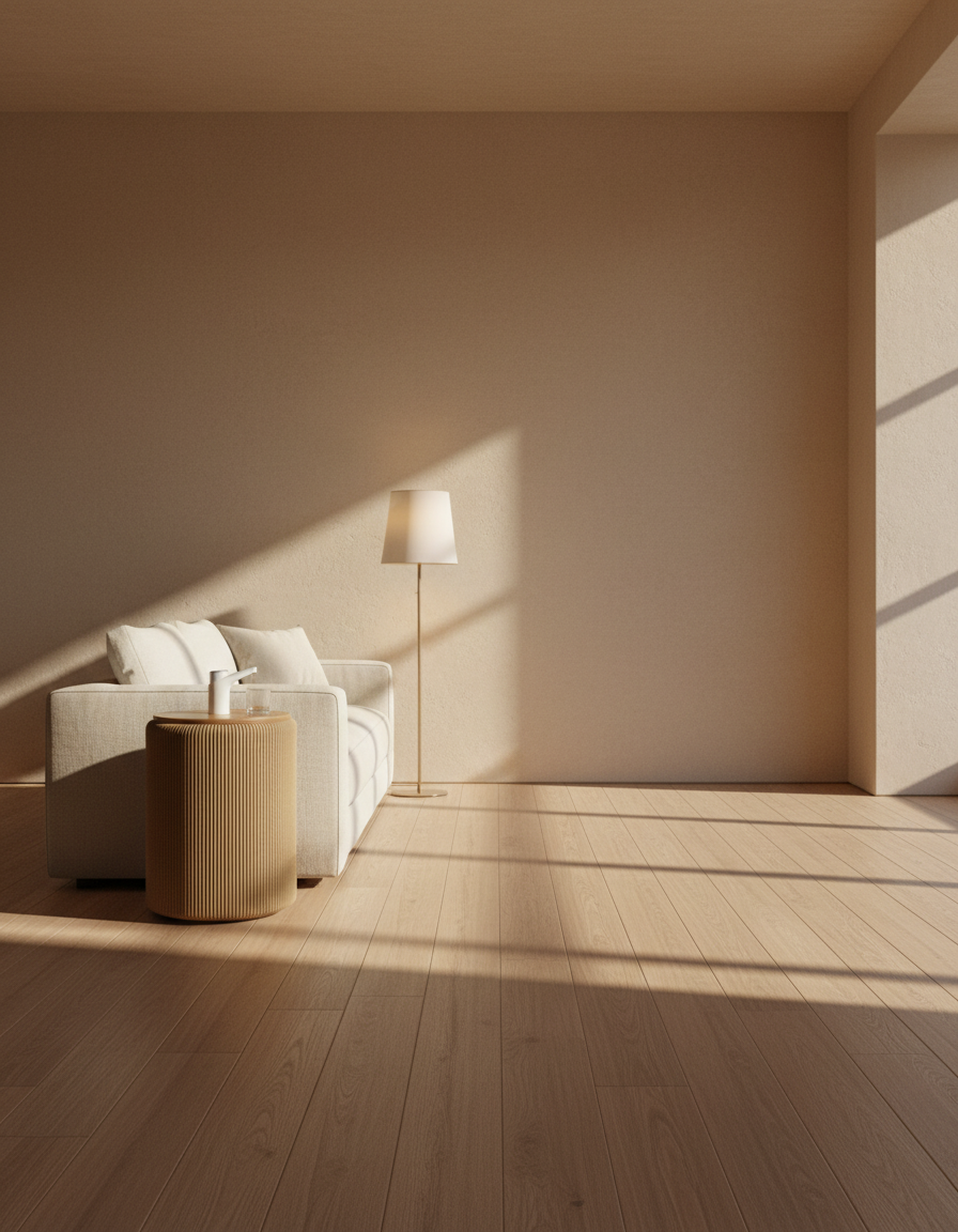 Living luminoso con el mueble cubre bidón Camu integrado a la decoración