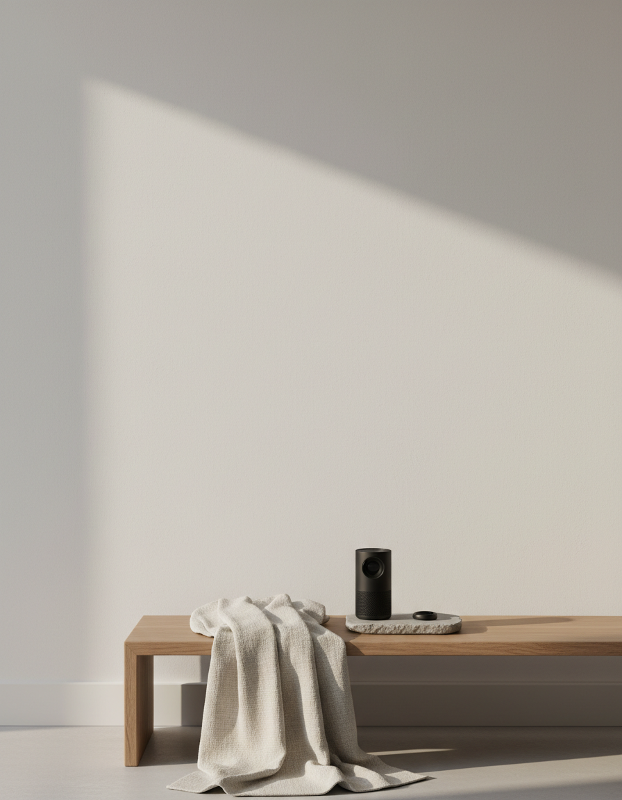 Sunlit minimal living room with a portable projector and a smart health ring on a wooden console