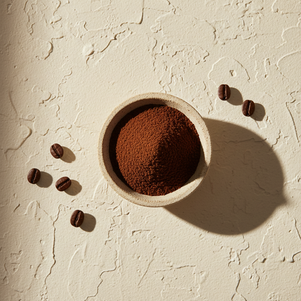 Freshly ground coffee in a small ceramic dish on a cream-colored surface