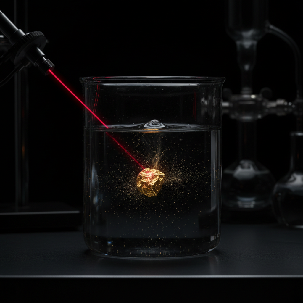 Laser beam striking pure gold submerged in dark seawater, gold particles dispersing
