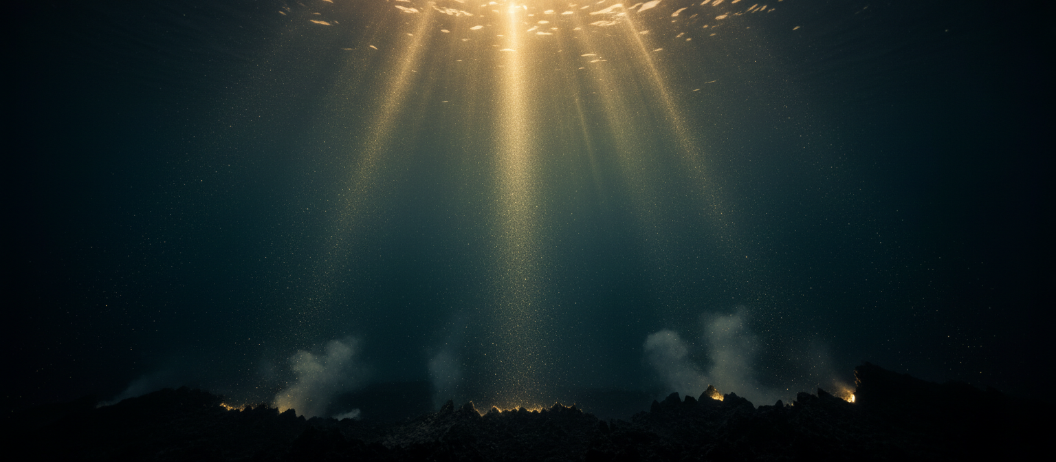 Golden light filtering through deep ocean water with suspended minerals