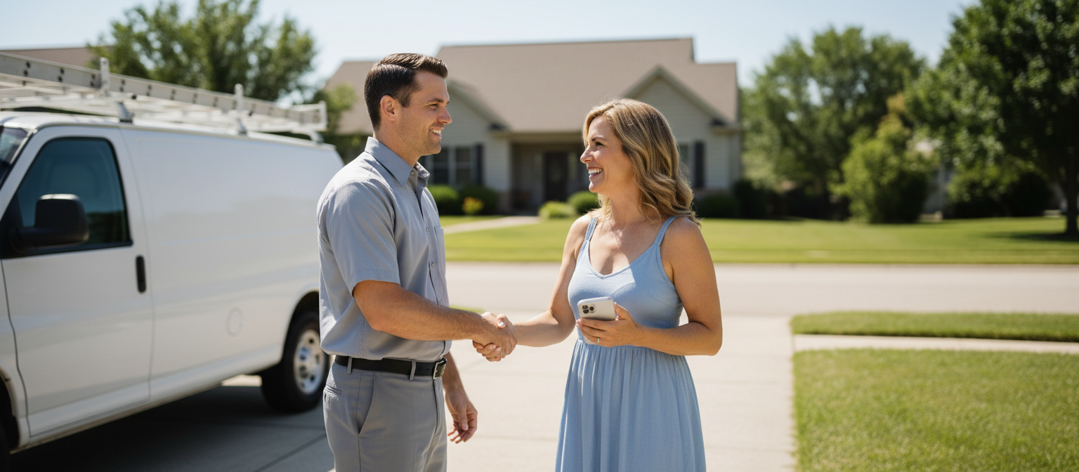Service technician in a grey uniform shaking hands with a smiling homeowner holding her phone, in a sunny suburban driveway beside his white work van
