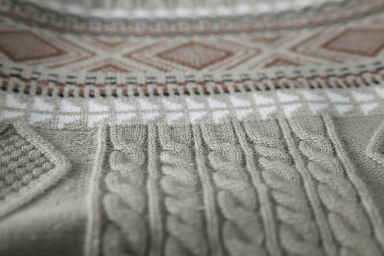 Macro detail of the cable knit and geometric jacquard band