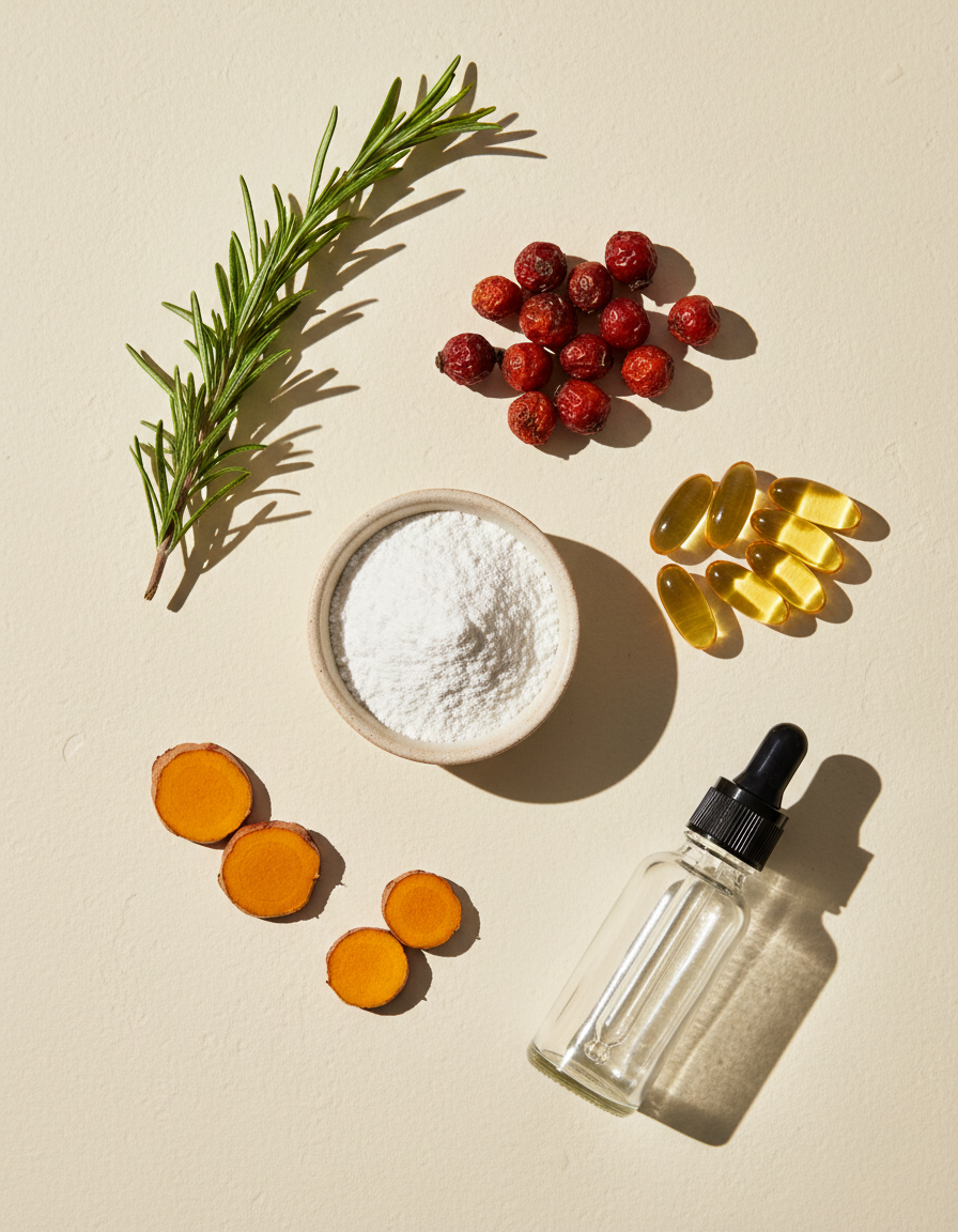 Flat lay of marine collagen powder, rosehips, turmeric and a glass dropper on a cream background