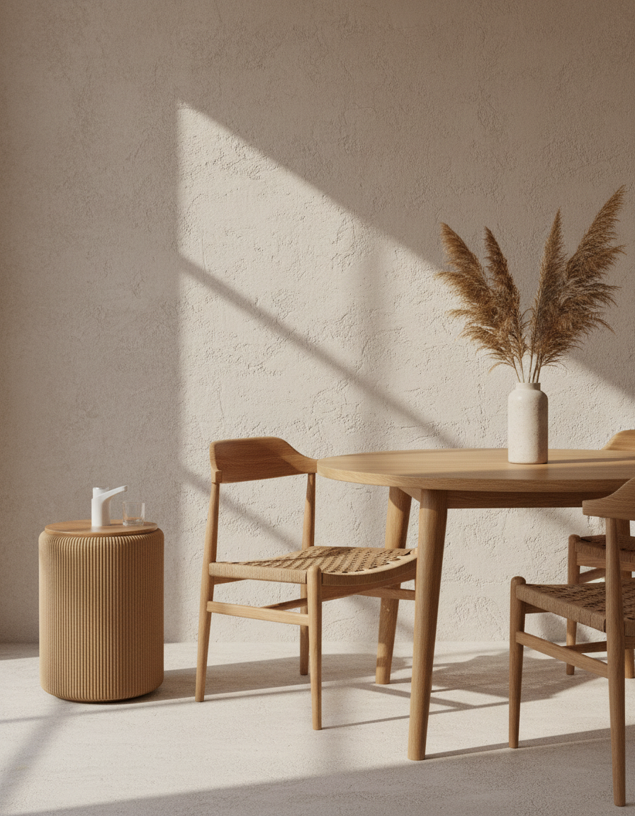 Camu Camel junto a una mesa de comedor de roble