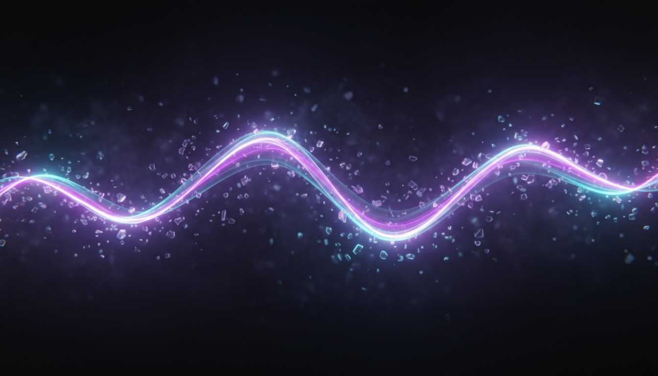Ribbon of violet and cyan light weaving through dark haze