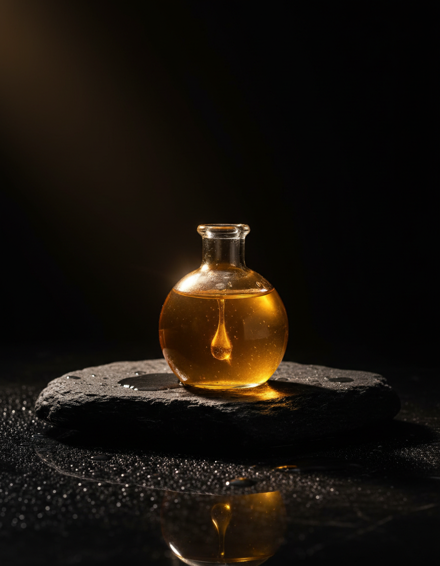 Antique glass vessel of luminous golden liquid on wet black stone, a droplet suspended mid-fall