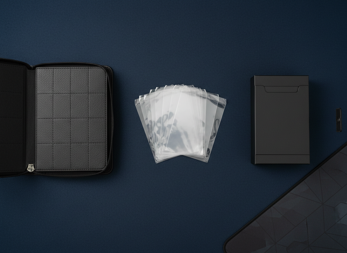 Flat lay of card sleeves, a binder, deck box and playmat