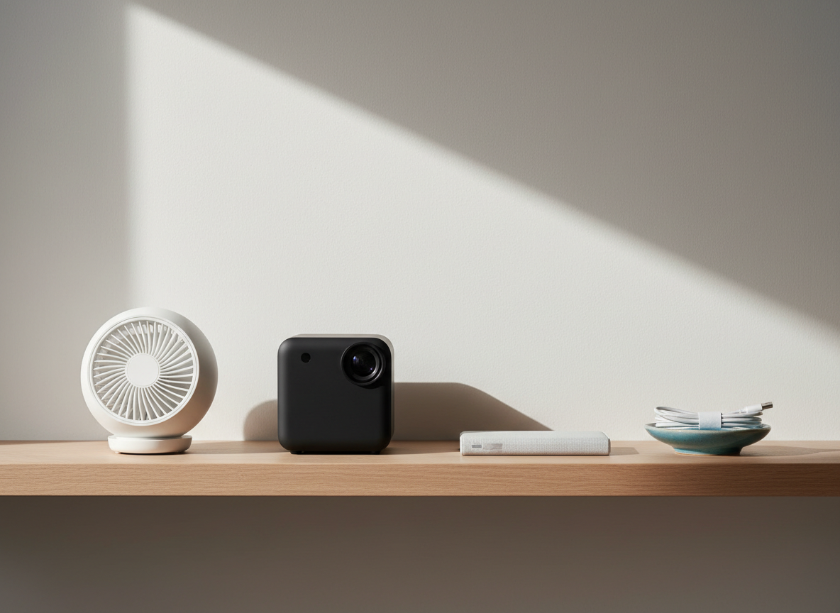 A pale oak shelf holding a small circulator fan, a mini projector and a slim power bank, spaced apart in morning daylight