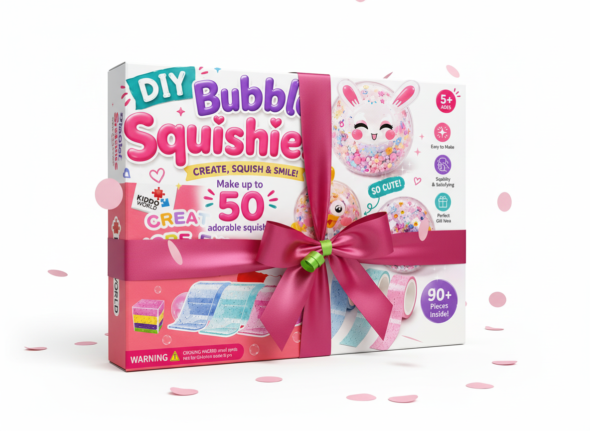 Dvě sady NANO Bubble Squishies s růžovou stuhou připravené jako dárek