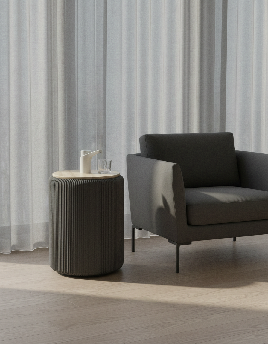 Camu Gris junto a un sillón en un living moderno
