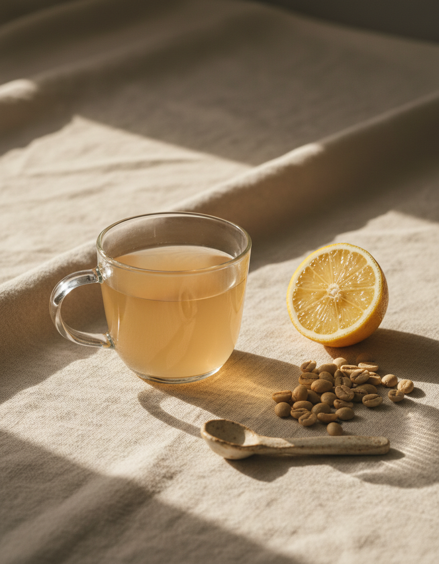 A glass cup of pale light-roast coffee beside a halved lemon and light roasted beans on warm linen
