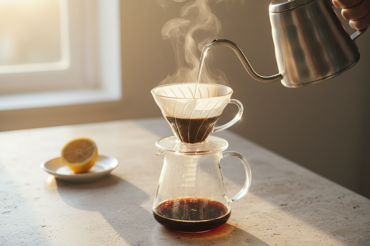 Pour-over coffee being brewed into a glass carafe in bright morning light