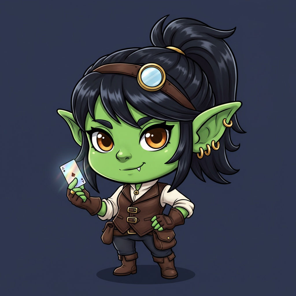 Vex, HoloGoblin's goblin card dealer, in a leather merchant waistcoat with a jeweler's loupe on her forehead, holding up a holographic card