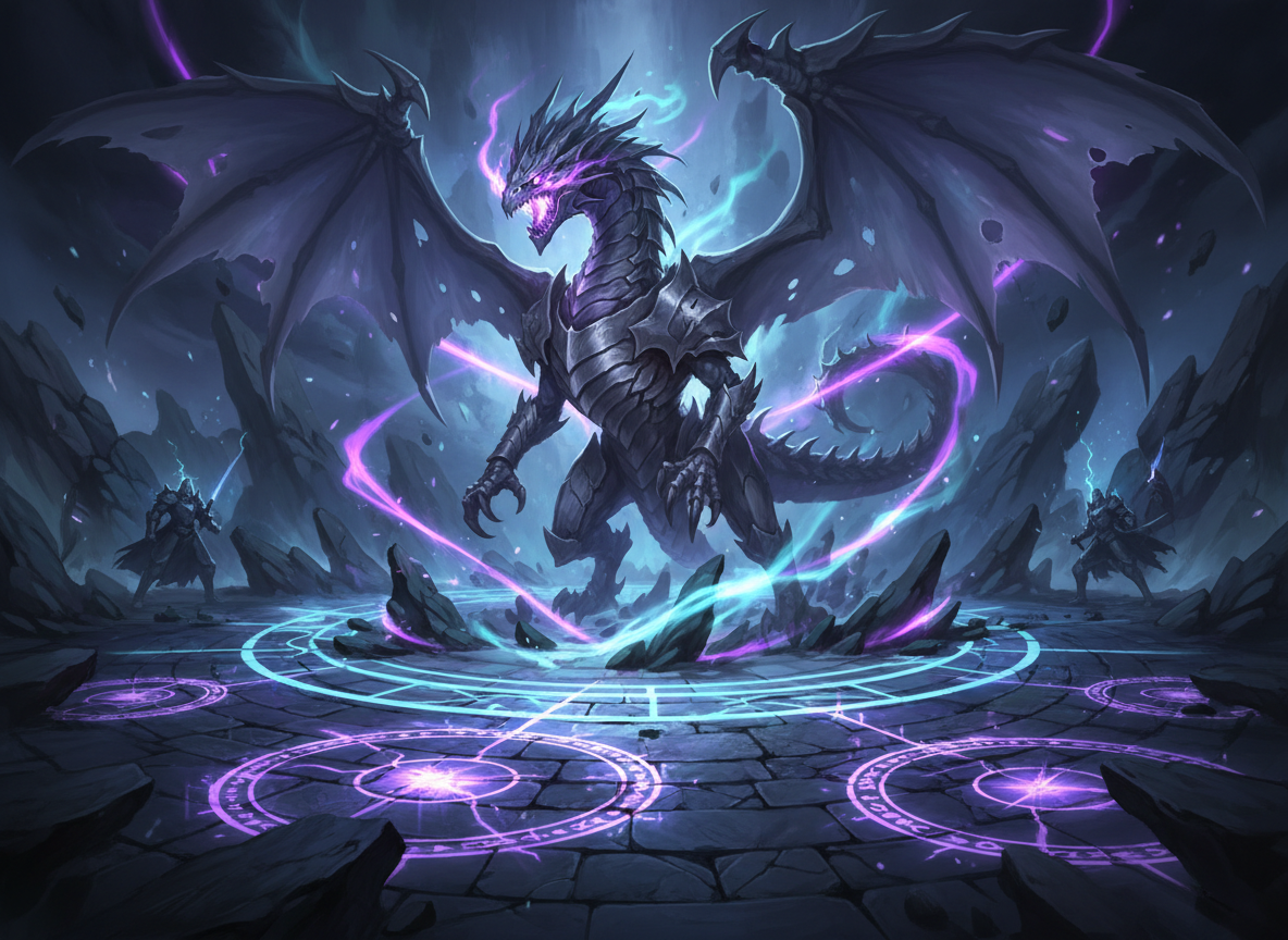 Spectral armored dragon rising from glowing arcane circles