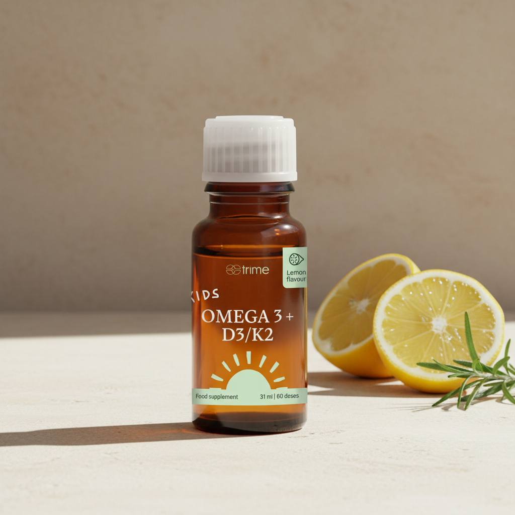 Kids Omega 3 + D3/K2 bottle beside fresh lemon halves