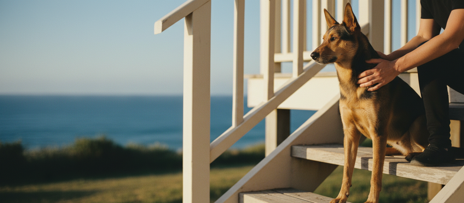 An Australian kelpie sitting close beside its owner on the timber step of a coastal home in warm afternoon light.