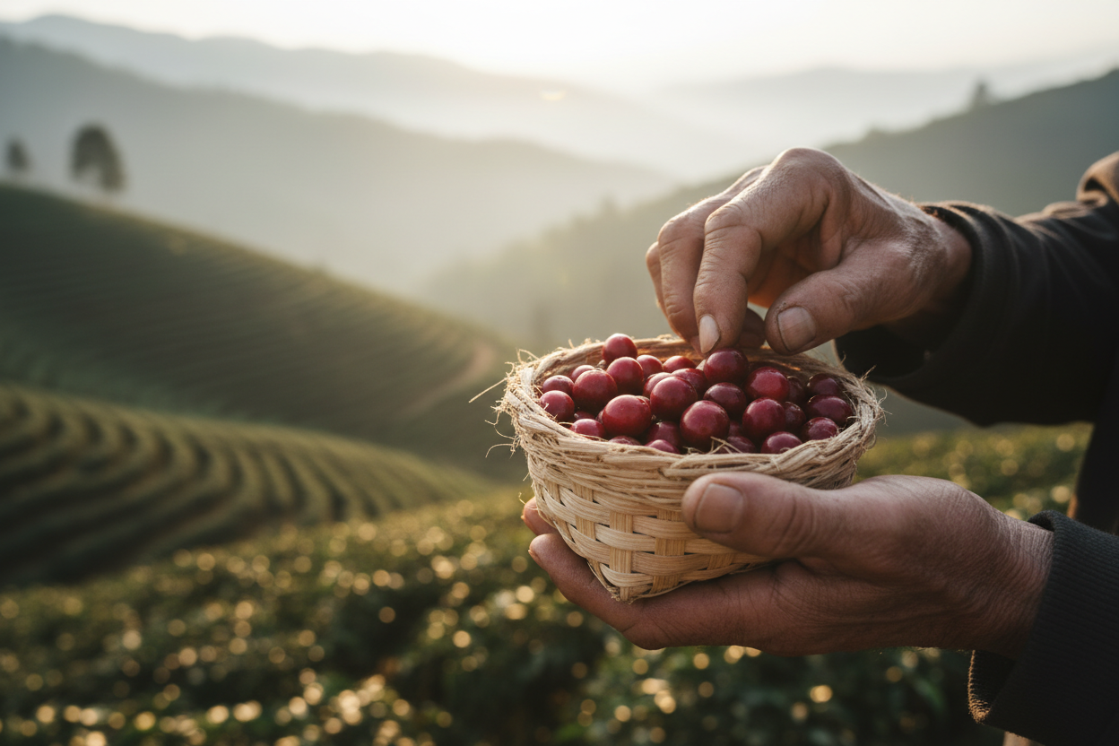 A coffee farmer's hands holding freshly picked ripe coffee cherries