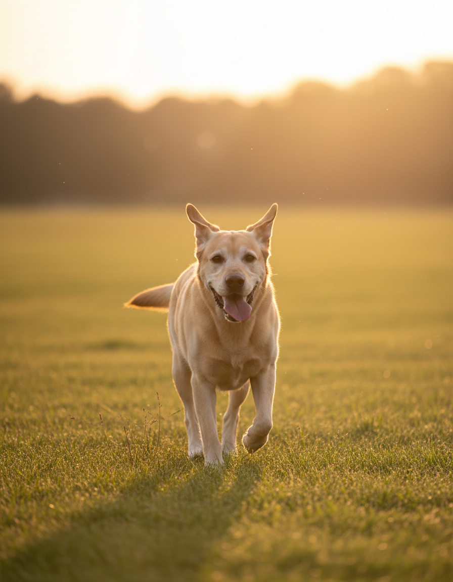 Senior labrador trotting happily across a field in golden evening light
