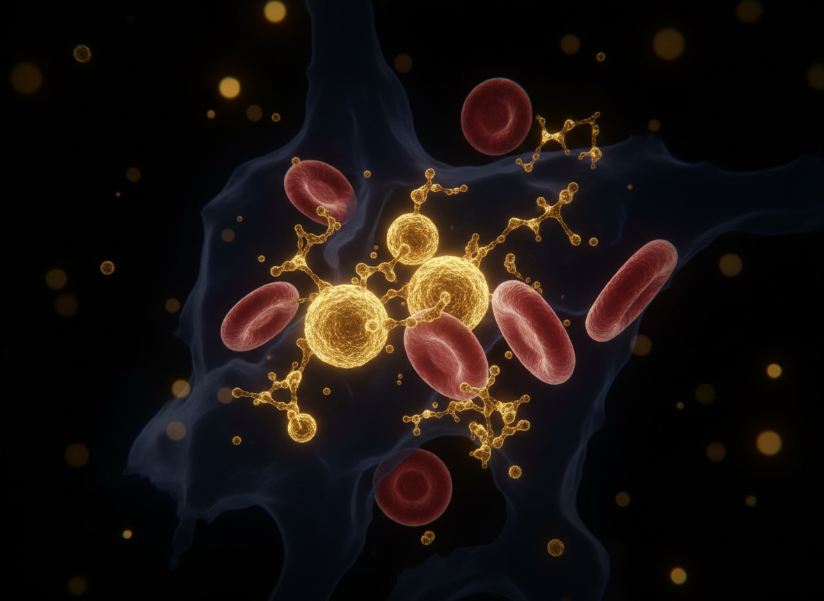 Macro view of golden nanoparticles and blood cells suspended in dark fluid