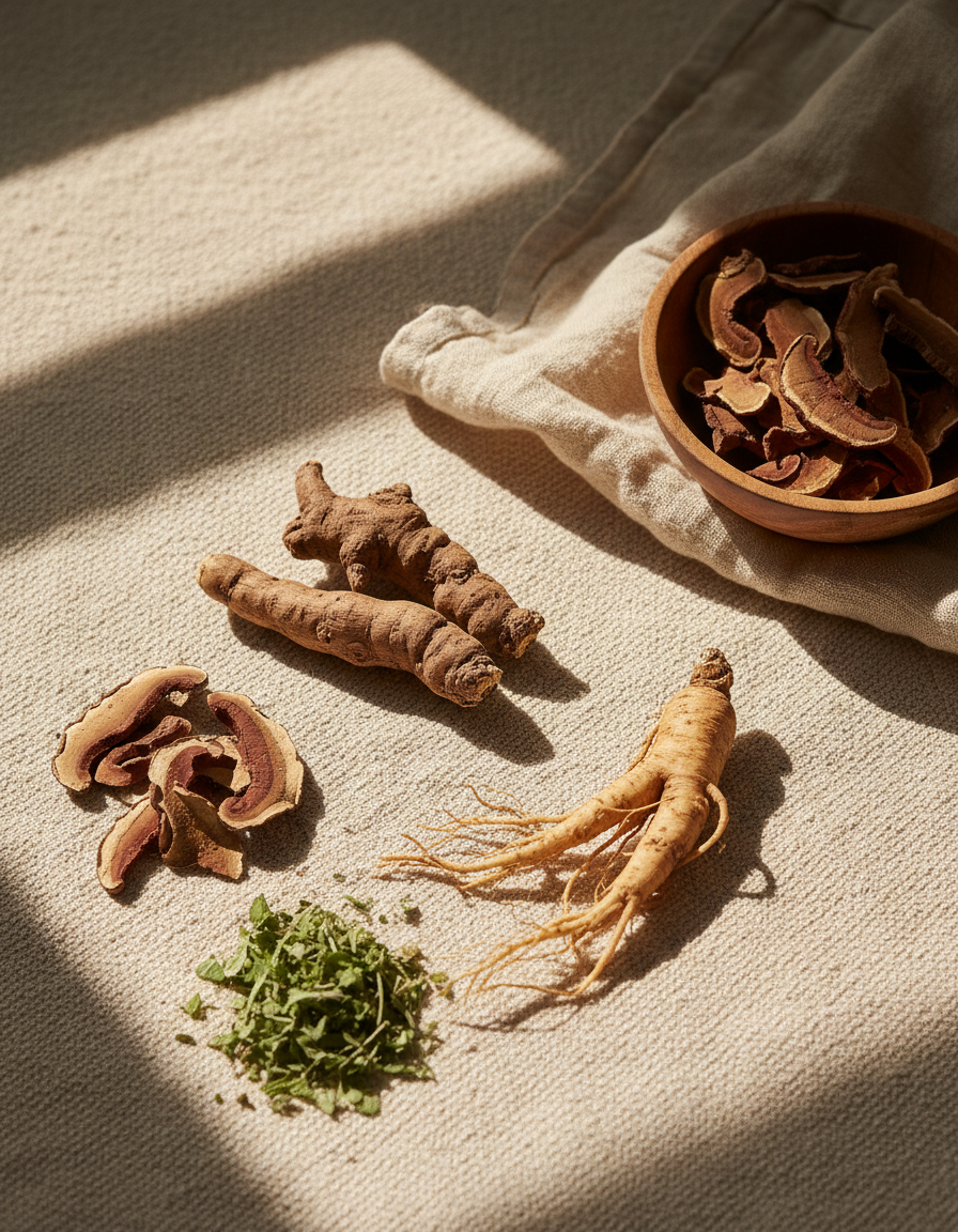 Dried adaptogenic roots and loose herbs arranged on cream linen