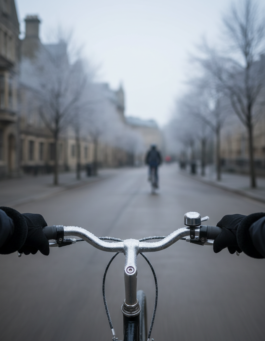 Hansker på sykkelstyret en frostmorgen