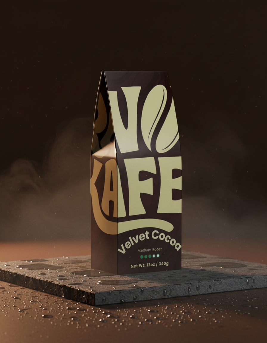 Velvet Cocoa coffee box on wet stone in a misty studio