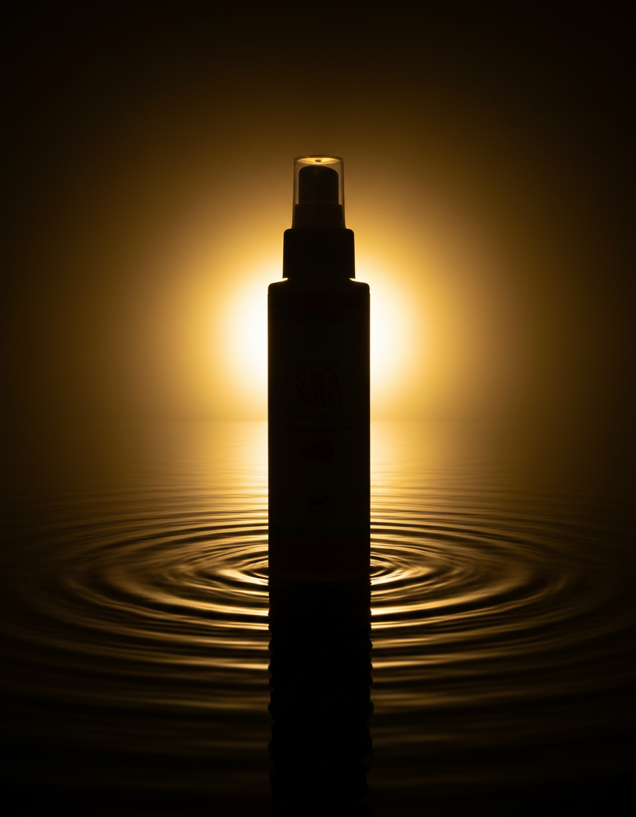 SEA NRG bottle backlit in golden light, standing in still water with concentric ripples