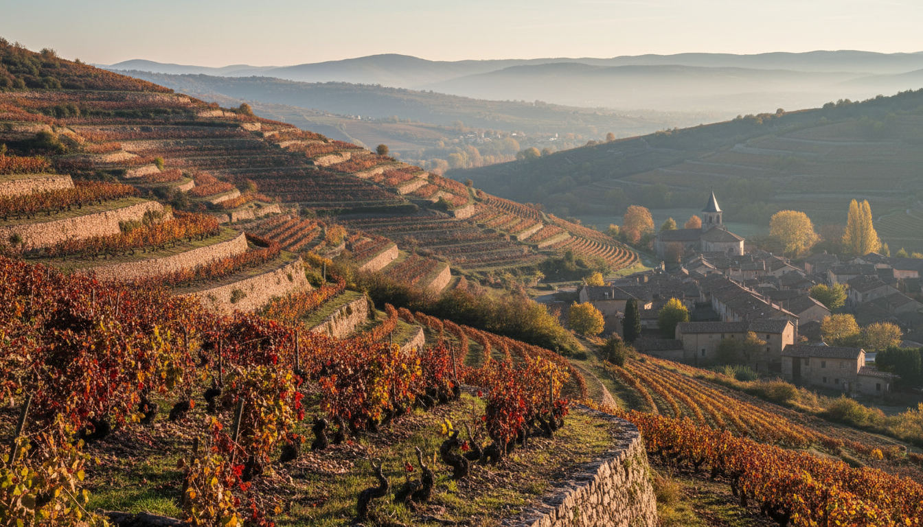 Steep pink granite hillsides of Beaujolais planted with old Gamay vines, a stone village in the valley below in late afternoon light