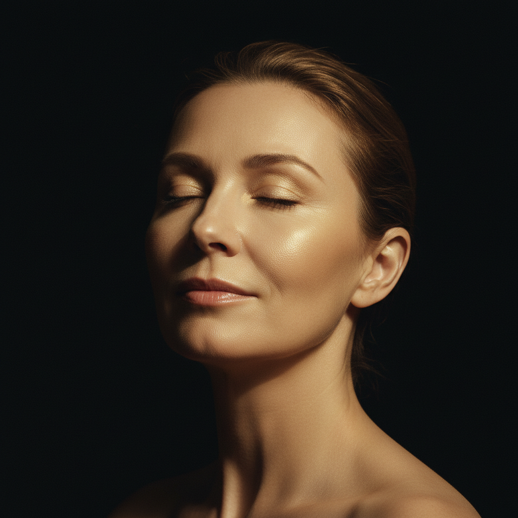 Portrait of a woman with radiant skin lit by soft golden light against a black background