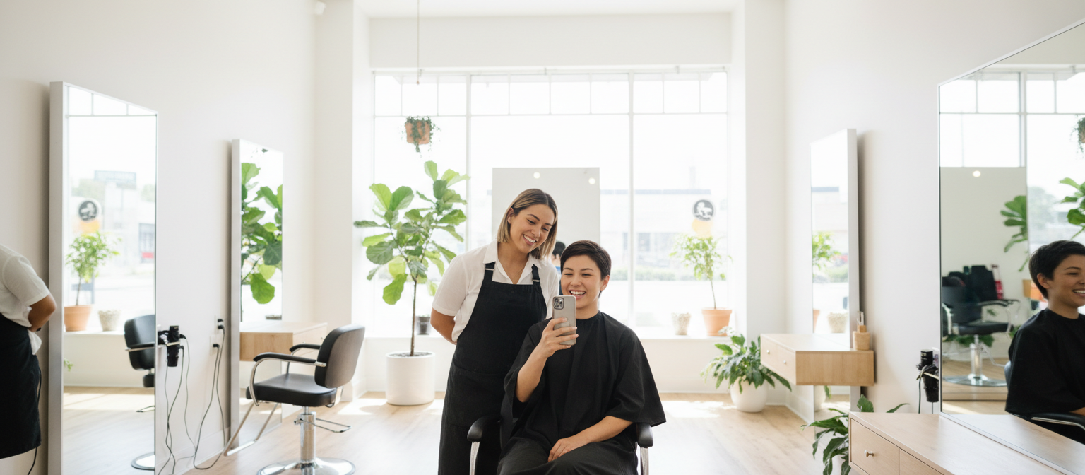Smiling hair stylist in a black apron standing behind her seated client, who is holding up her phone, in a bright daylit salon with tall windows and plants