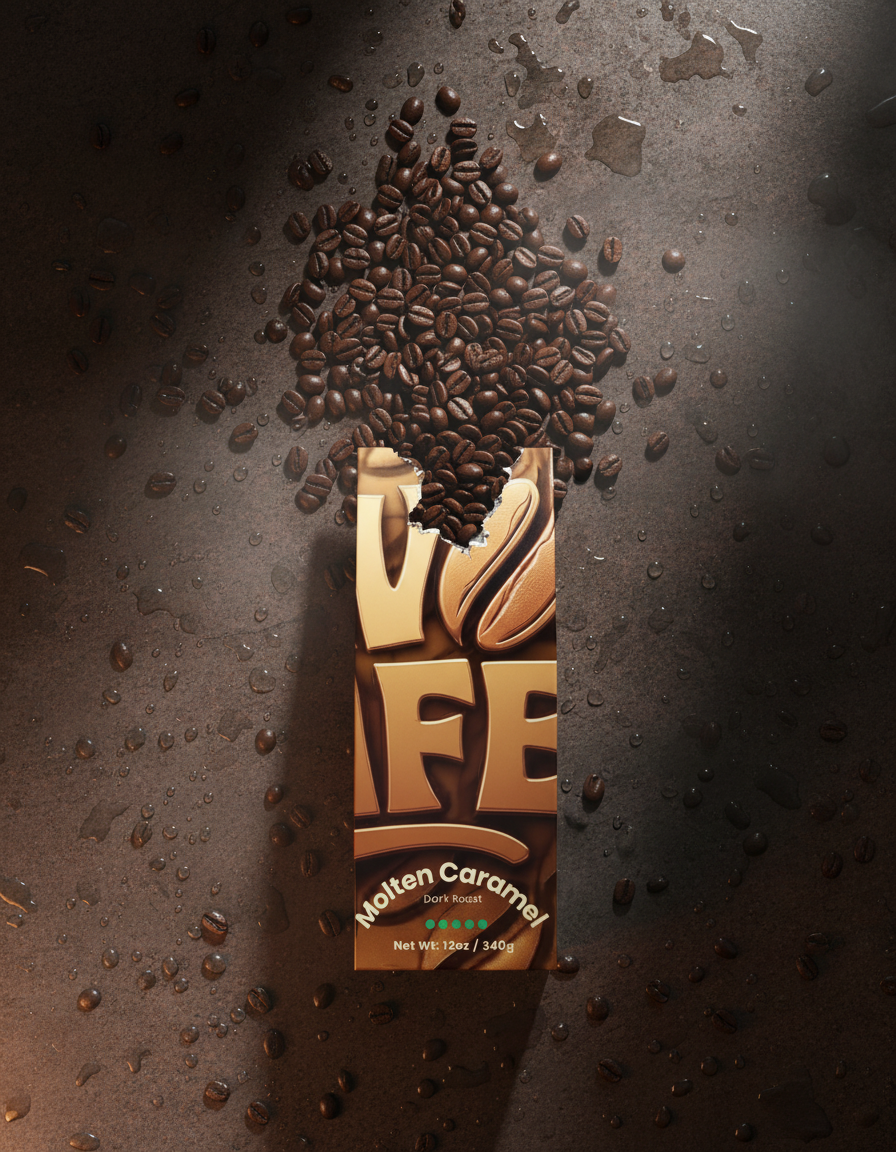 Open Molten Caramel coffee package lying on wet dark stone with roasted beans spilling out of it