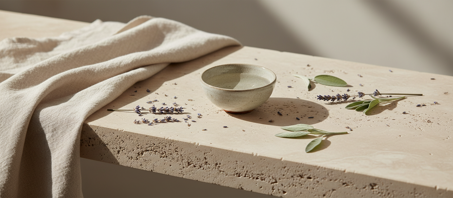Bodegón botánico con lino, lavanda seca y hojas de salvia sobre piedra travertino
