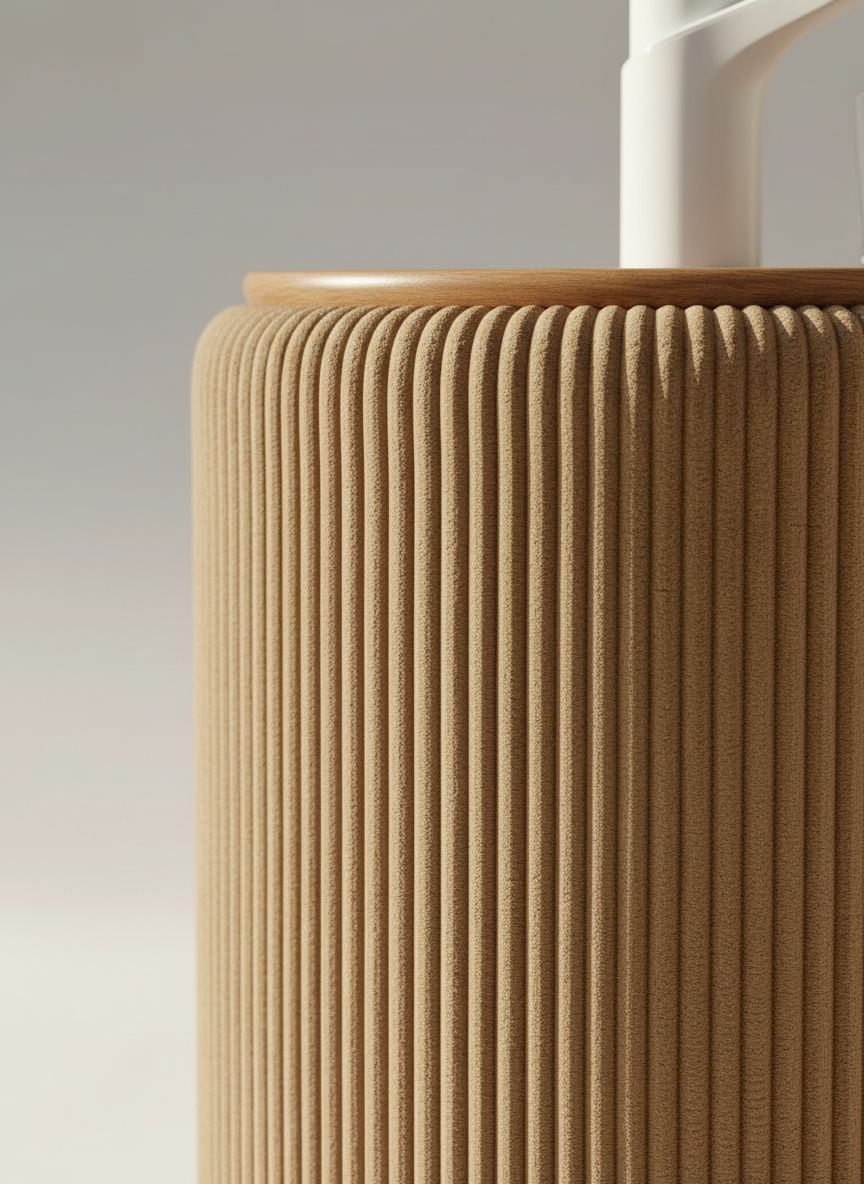 Detalle del acabado acanalado en madera del mueble Camu