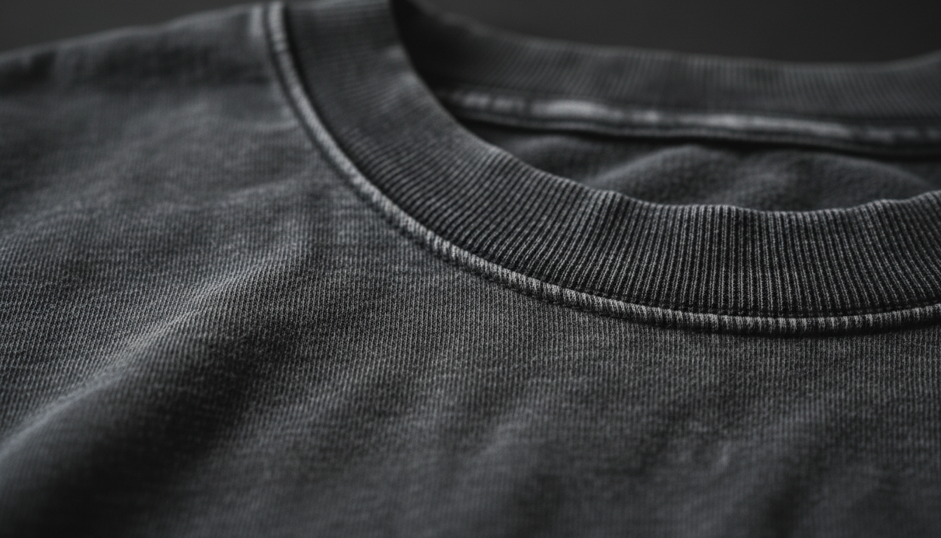 Macro detail of heavyweight mineral-washed cotton jersey and collar stitching